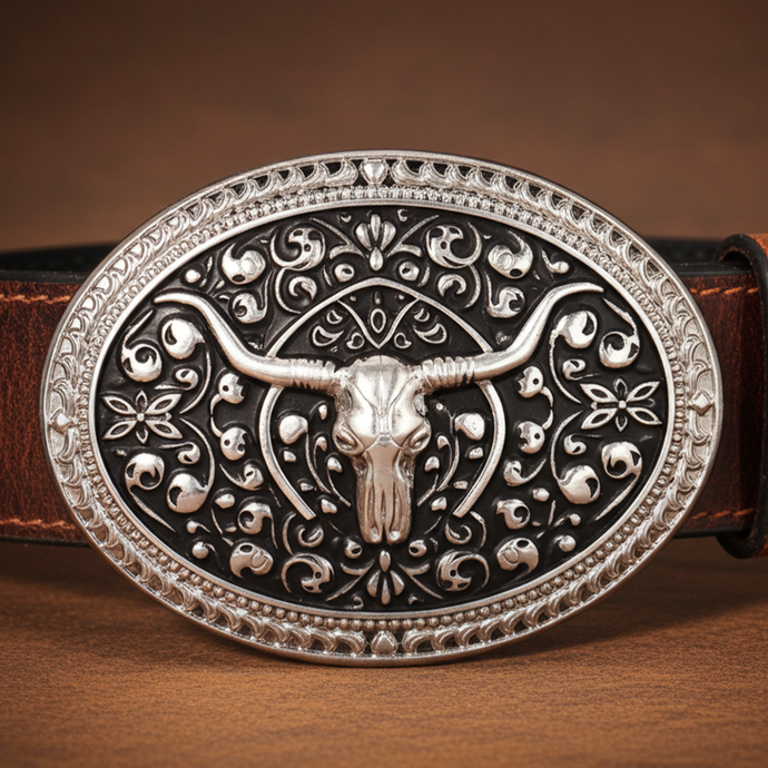 RLB509 - RockinLeather Silver W/Black Underlay Steer Head Belt Buckle