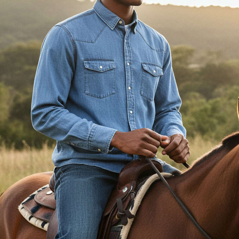 Load image into Gallery viewer, RLLSMS01 - RockinLeather Men&#39;s 6.8 oz Light Denim LS Shirt
