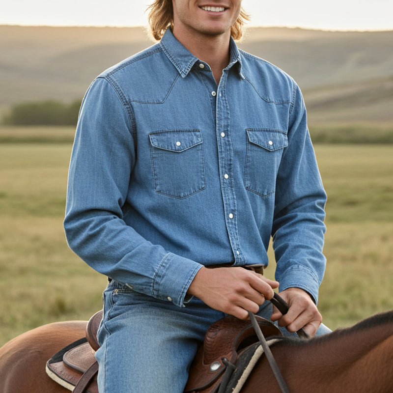 Load image into Gallery viewer, RLLSMS01 - RockinLeather Men&#39;s 6.8 oz Light Denim LS Shirt
