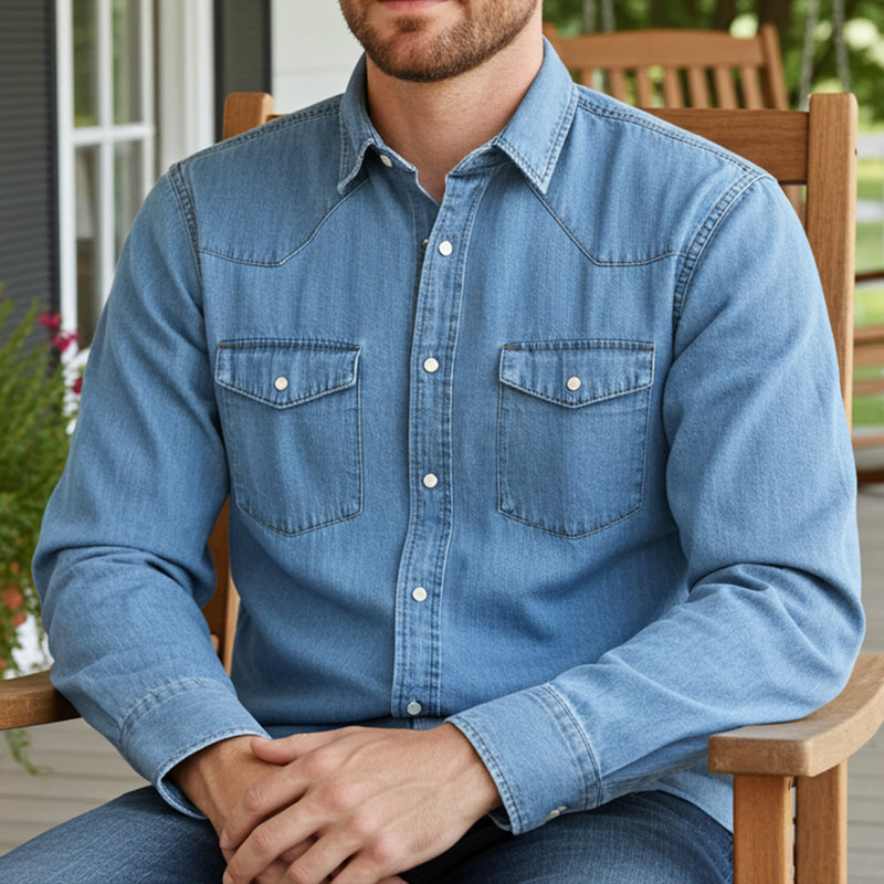 Load image into Gallery viewer, RLLSMS01 - RockinLeather Men&#39;s 6.8 oz Light Denim LS Shirt
