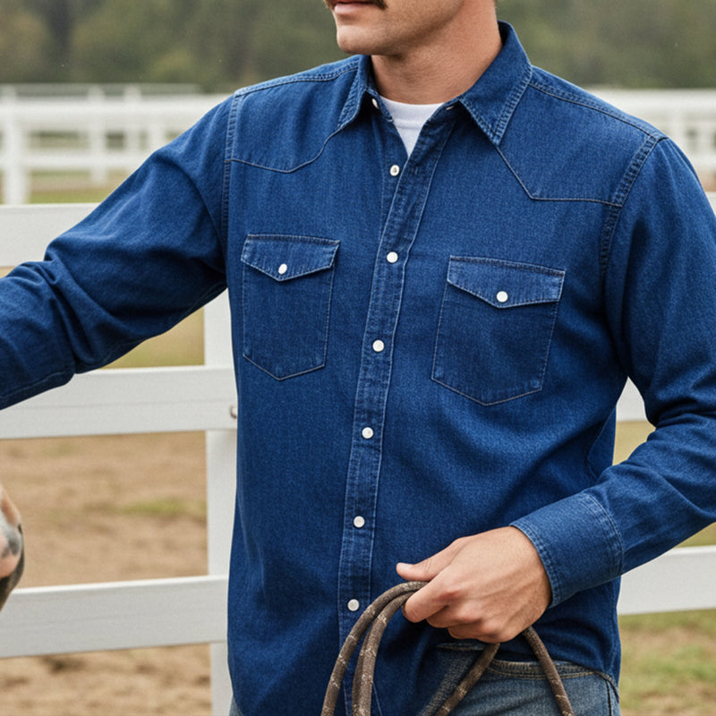 Load image into Gallery viewer, RLLSMS02 - RockinLeather Men&#39;s 7.1 oz Dark Denim Western Shirt
