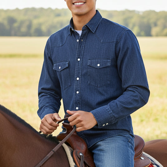 RLLSMS03 - RockinLeather Men's 7.1 oz Distressed Black Denim Western Shirt