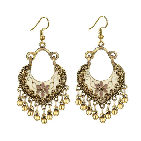 NIHER128 - Bohemian Bell Tassel Drop Earrings W/ Beige Inlay