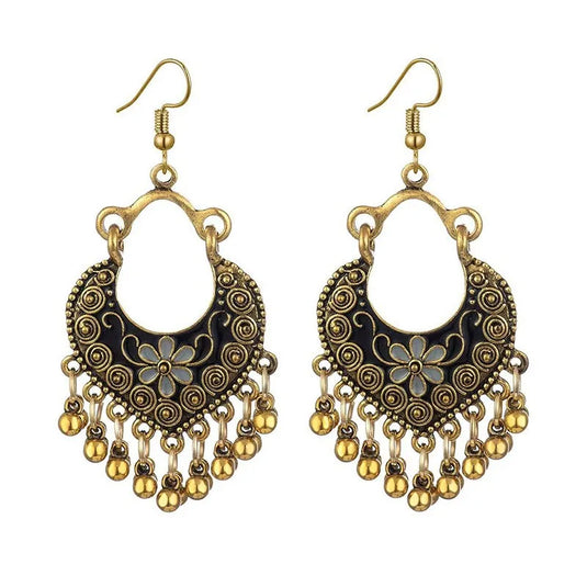 NIHER132 - Bohemian Antique Silver Bell Tassel Earrings W/ Black Inlay