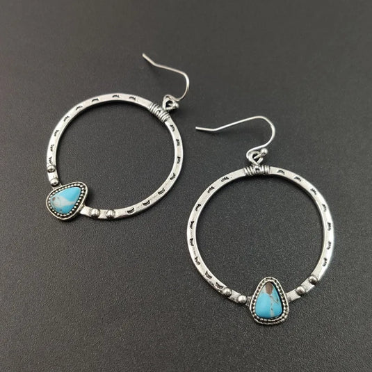 NIHER153 - Retro Hoop Earrings in Alloy W/ Turquoise Stone