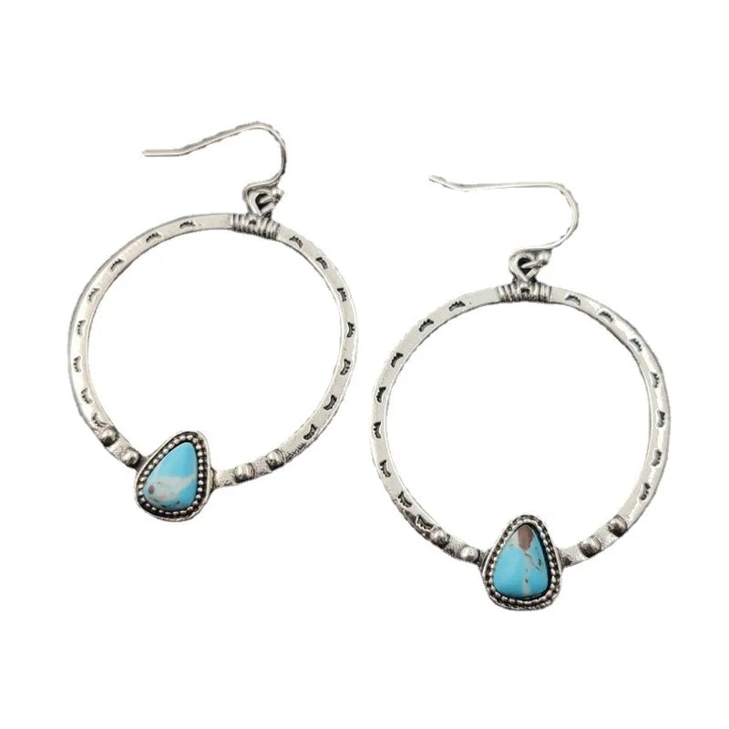 Load image into Gallery viewer, NIHER153 - Retro Hoop Earrings in Alloy W/ Turquoise Stone
