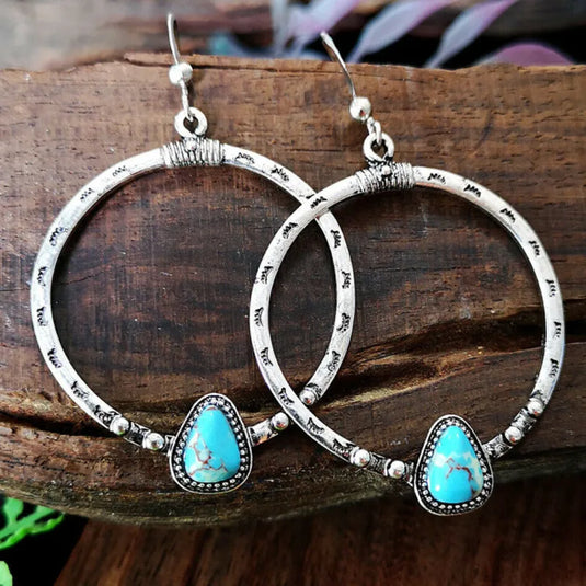 NIHER153 - Retro Hoop Earrings in Alloy W/ Turquoise Stone