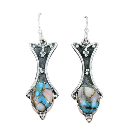NIHER139 - Retro Fish Earrings In White K Plated Alloy W/ Turquoise Inlay