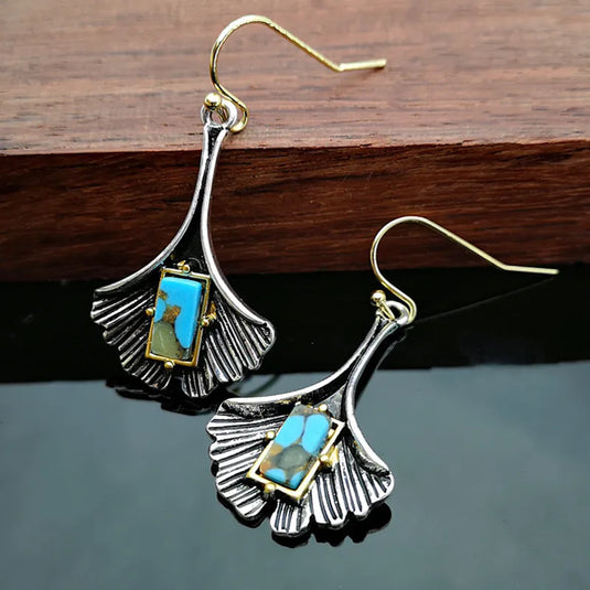 NIHER122 - Retro Silver Leaf Earrings W/ Turquoise Inlay
