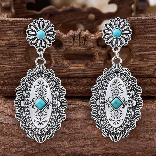 NIHER147 - Retro Geometric Oval Shaped Drop Earrings W/ Turquoise Stones