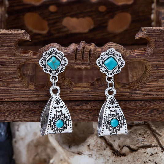 NIHER146 - Retro Handcrafted Geometric Dangling Earrings W/ Turquoise Stones