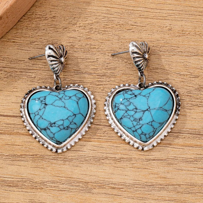 Load image into Gallery viewer, NIHER136 - Western Style Heart Shape Earrings W/ Lake Blue Turquoise Inlay
