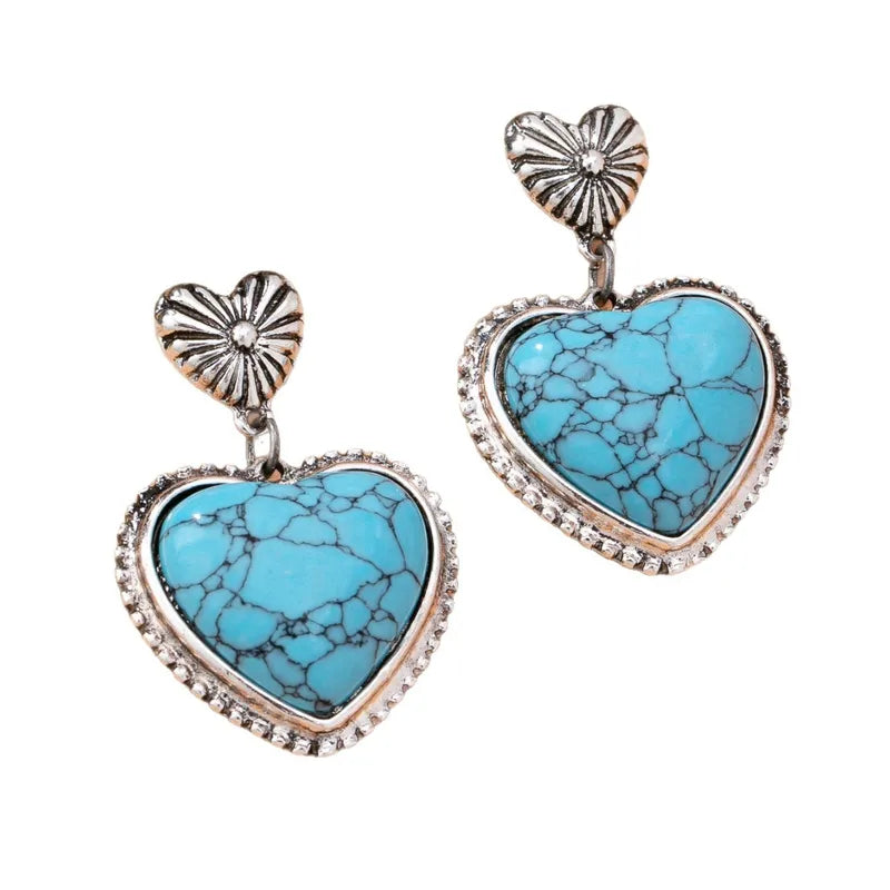 Load image into Gallery viewer, NIHER136 - Western Style Heart Shape Earrings W/ Lake Blue Turquoise Inlay
