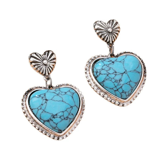 NIHER136 - Western Style Heart Shape Earrings W/ Lake Blue Turquoise Inlay