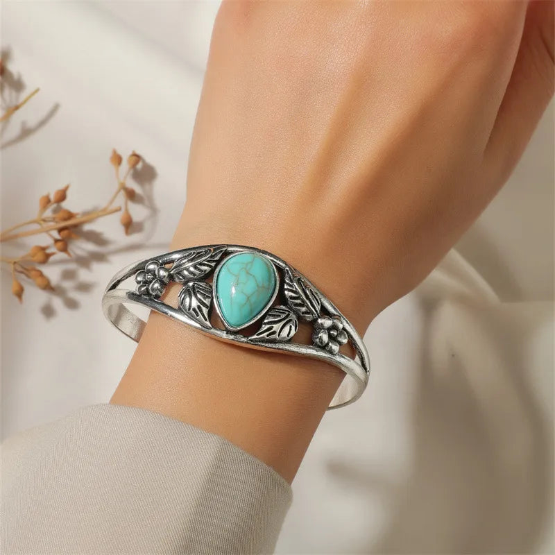Load image into Gallery viewer, NIHBC36 - Retro Leaf Water Droplet Turquoise Stone Bracelet
