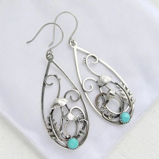 NIHER150 - Retro Mushroom Water Droplet Earrings W/ Turquoise Inlay