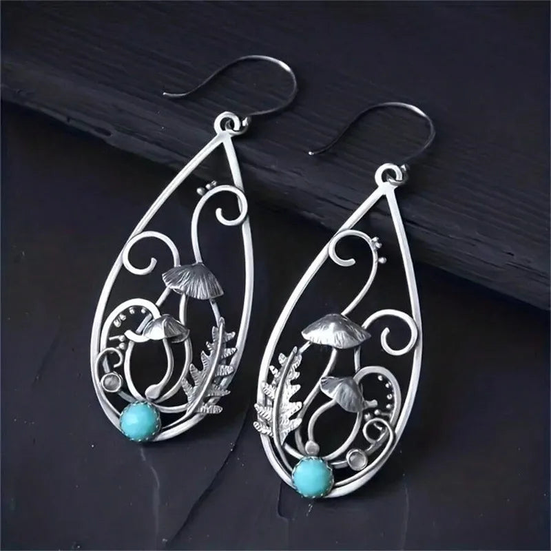 Load image into Gallery viewer, NIHER150 - Retro Mushroom Water Droplet Earrings W/ Turquoise Inlay
