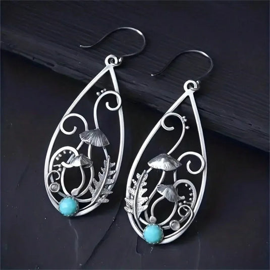 NIHER150 - Retro Mushroom Water Droplet Earrings W/ Turquoise Inlay