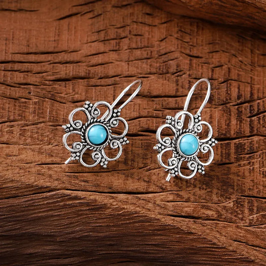 NIHER114 - Retro Hollow Out Flower Earrings W/ Turquoise Inlay