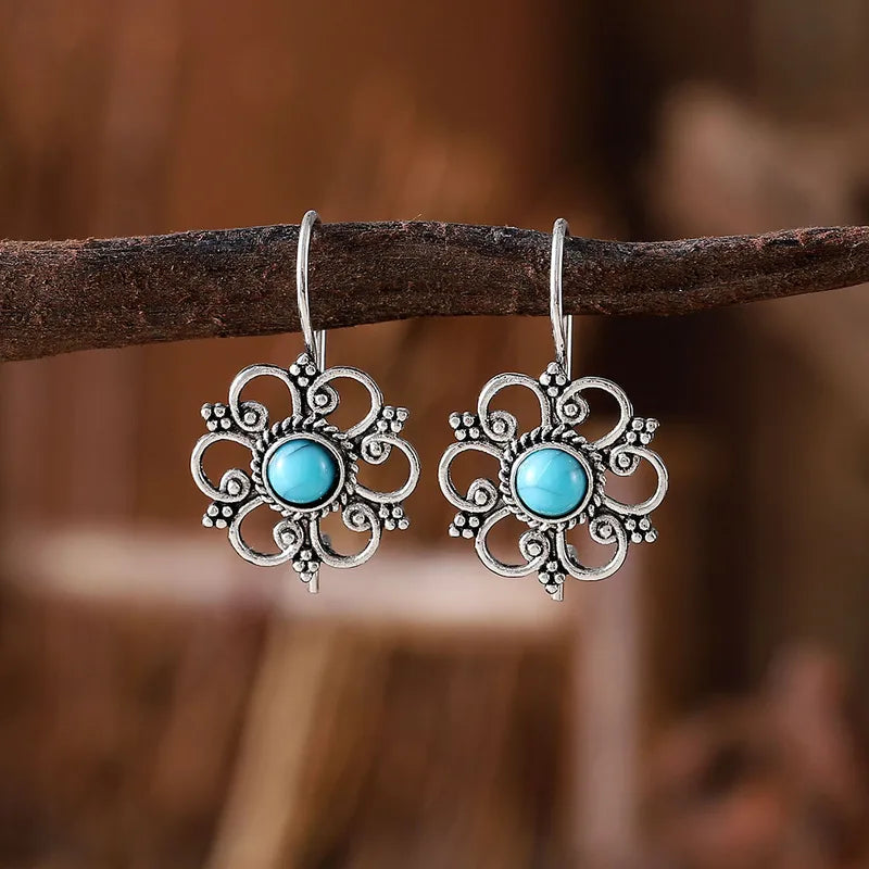 Load image into Gallery viewer, NIHER114 - Retro Hollow Out Flower Earrings W/ Turquoise Inlay
