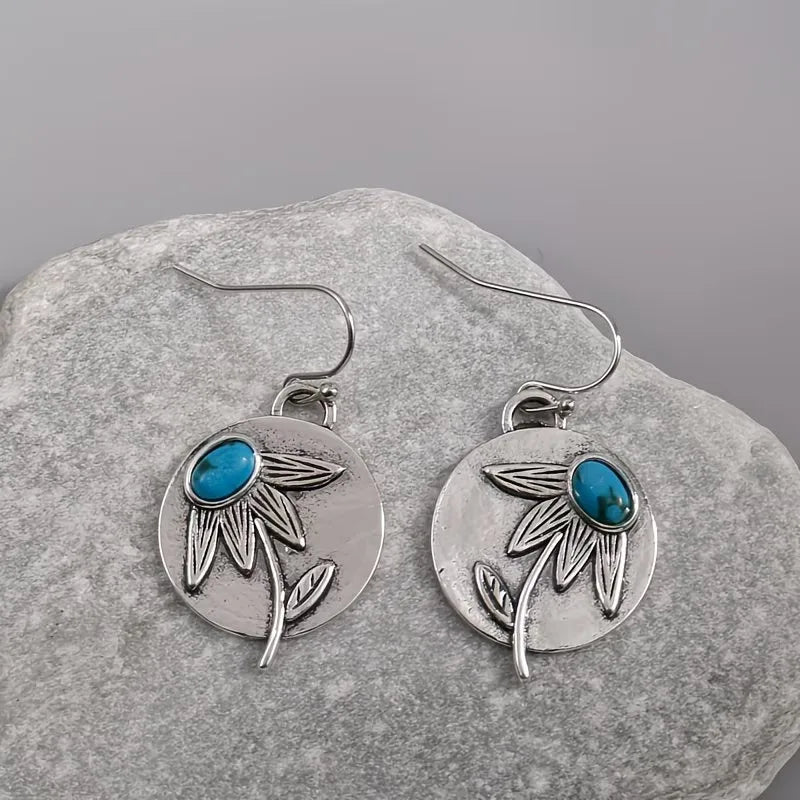 Load image into Gallery viewer, NIHER115 - Classic Silver Flower Earrings W/ Turquoise Inlay
