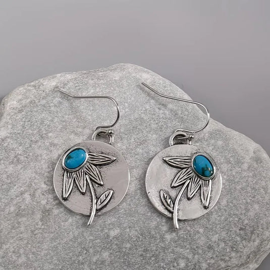 NIHER115 - Classic Silver Flower Earrings W/ Turquoise Inlay