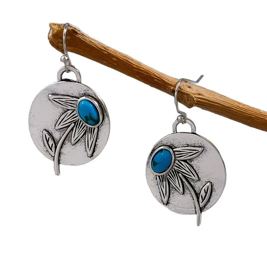 NIHER115 - Classic Silver Flower Earrings W/ Turquoise Inlay