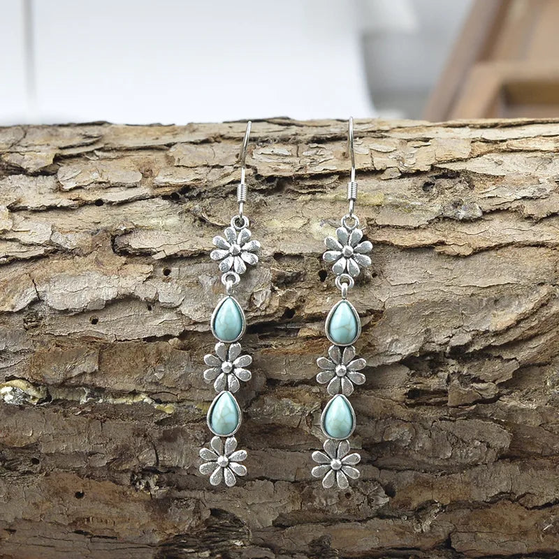 Load image into Gallery viewer, NIHER120 - Ancient Silver Tassel Flower Earrings W/ Turquoise Inlay
