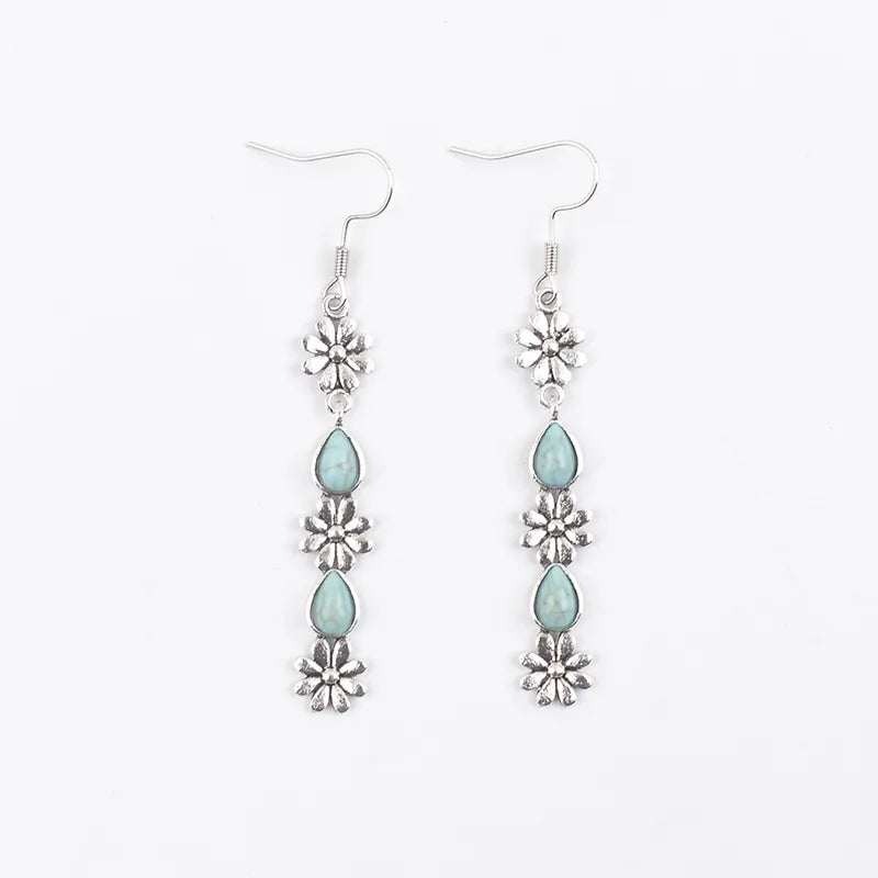 Load image into Gallery viewer, NIHER120 - Ancient Silver Tassel Flower Earrings W/ Turquoise Inlay
