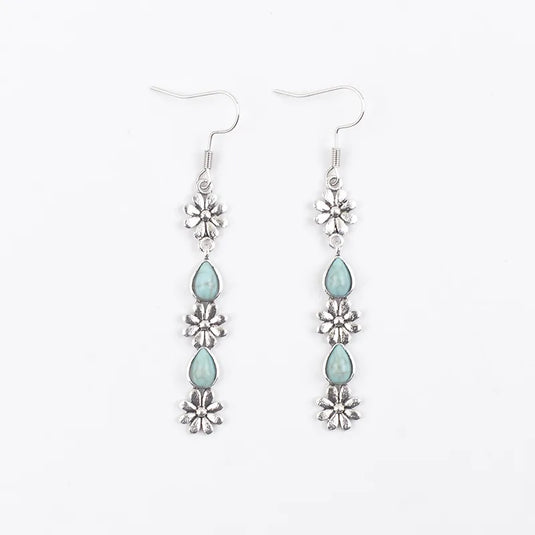 NIHER120 - Ancient Silver Tassel Flower Earrings W/ Turquoise Inlay