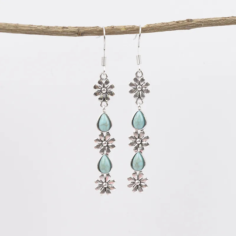 Load image into Gallery viewer, NIHER120 - Ancient Silver Tassel Flower Earrings W/ Turquoise Inlay
