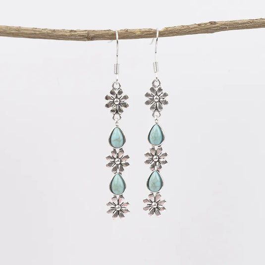 NIHER120 - Ancient Silver Tassel Flower Earrings W/ Turquoise Inlay