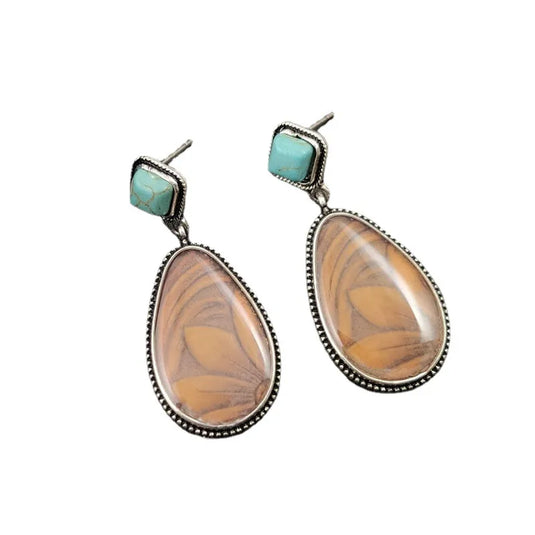 NIHER105 - Retro Sunflower Earrings In Brown Alloy W/ Turquoise Inlay