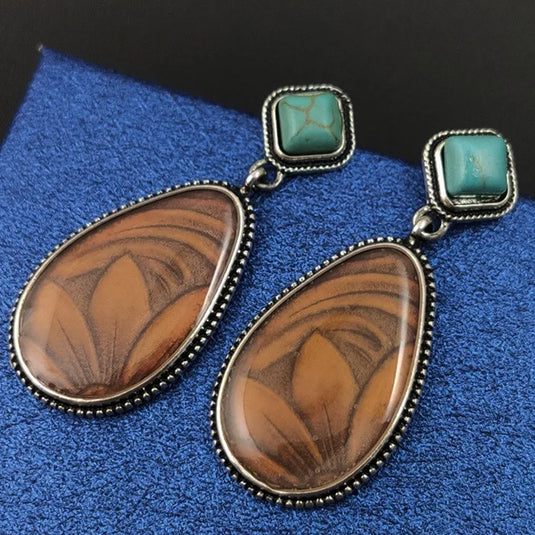 NIHER105 - Retro Sunflower Earrings In Brown Alloy W/ Turquoise Inlay