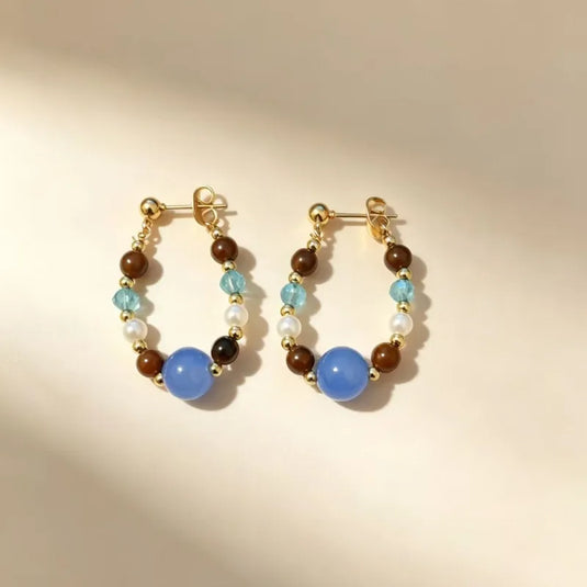 NIHER141 - Retro Earrings W/ Blue Tiger Eye Beading Inlay