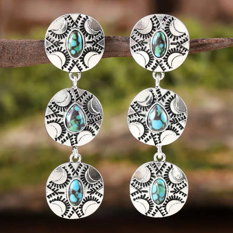 Load image into Gallery viewer, NIHER109 - Round Drop Earrings In Silver W/ Turquoise Retro Stones
