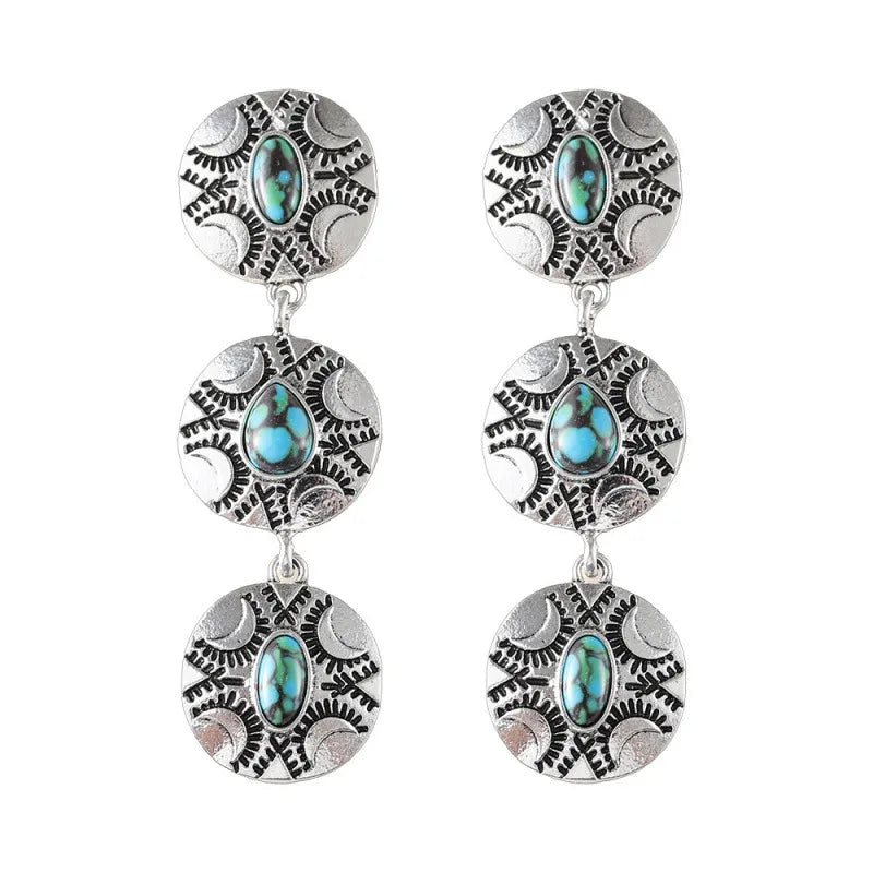 Load image into Gallery viewer, NIHER109 - Round Drop Earrings In Silver W/ Turquoise Retro Stones
