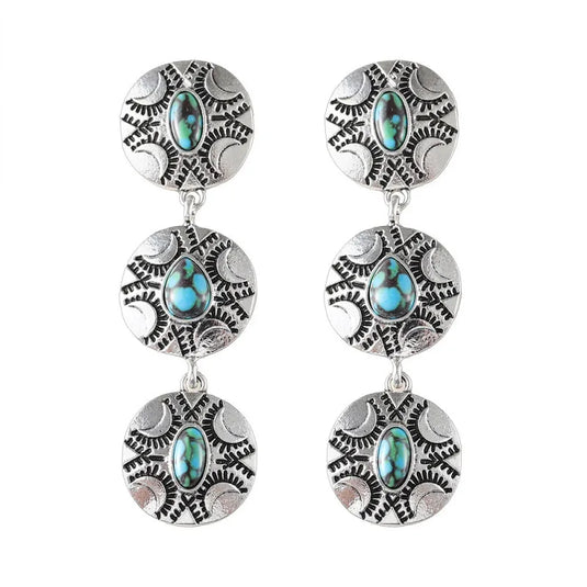 NIHER109 - Round Drop Earrings In Silver W/ Turquoise Retro Stones