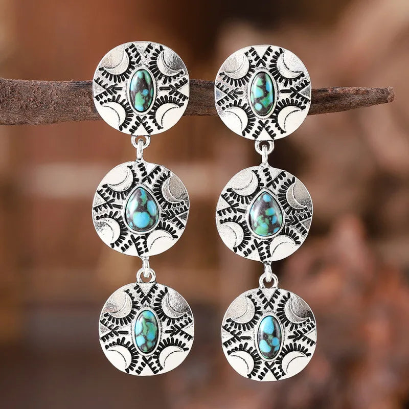 Load image into Gallery viewer, NIHER109 - Round Drop Earrings In Silver W/ Turquoise Retro Stones
