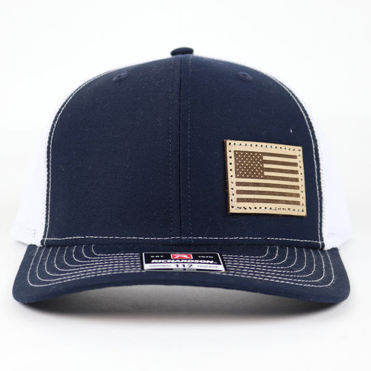 SA112 - Southern Addiction Navy/White Light Leather American Flag Patch Cap