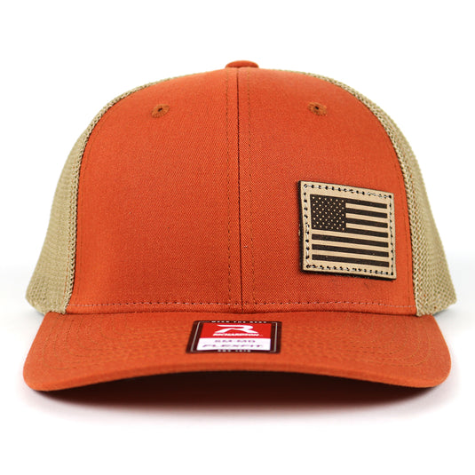 SA114 - Southern Addiction Dark Orange/Khaki FLEXFIT Light Leather American Flag Patch Cap