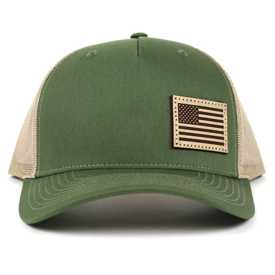 SA115 - Southern Addiction Army Olive Green/Tan Light Leather American Flag Patch Cap