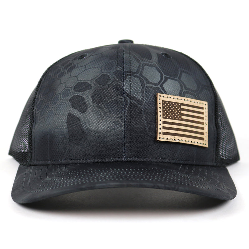 Load image into Gallery viewer, SA116 - Southern Addiction Kryptek Typhoon/Black Light Leather American Flag Patch Cap
