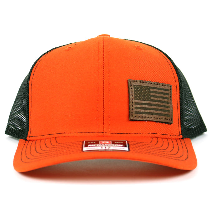 SA117 - Southern Addiction Orange/Blk Chocolate Leather American Flag Patch Cap