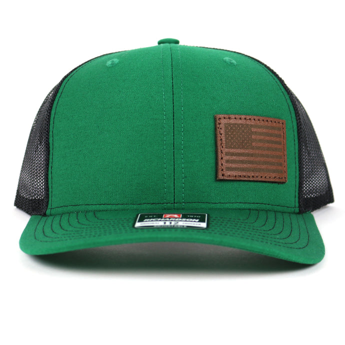 SA118 - Southern Addiction Kelly Green/Blk Chocolate Leather American Flag Patch Cap