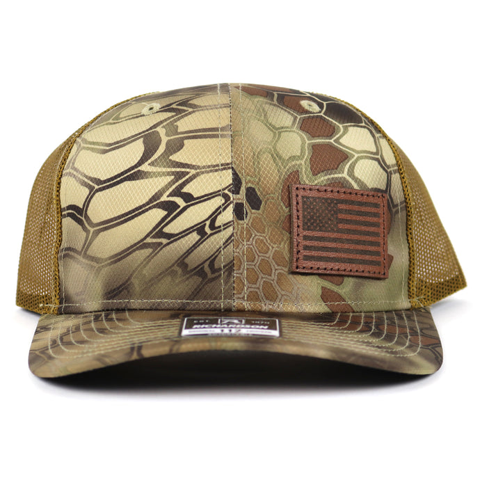 SA119 - Southern Addiction Kryptek Highland/Buck Chocolate Leather American Flag Cap