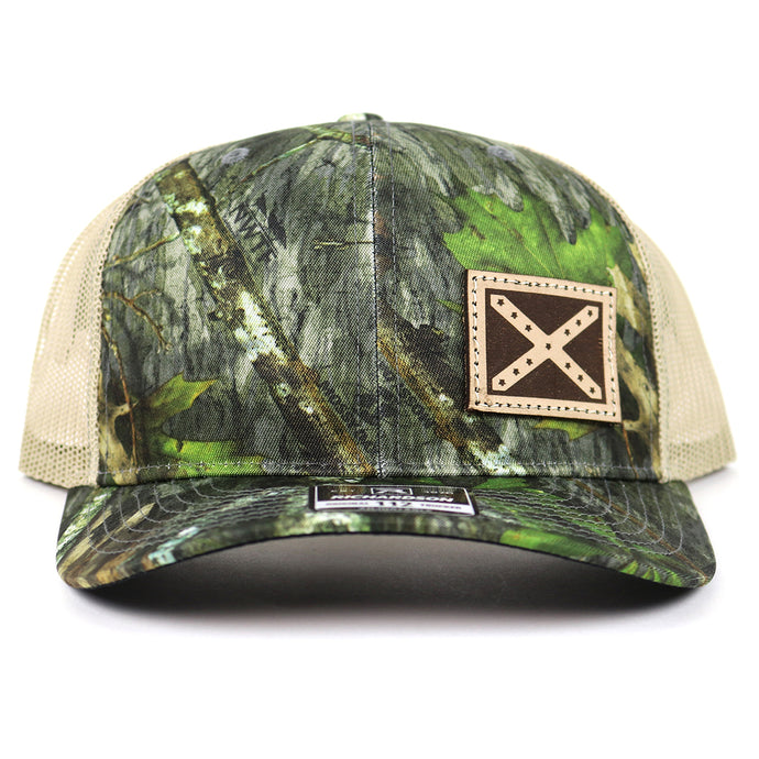 SA123 - Southern Addiction Mossy Oak Obsession/Khaki Light Leather Flag Patch Cap