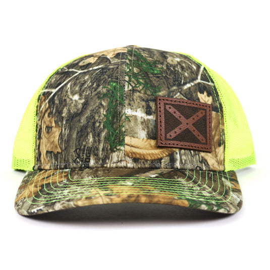 SA128 - Southern Addiction Realtree Edge/Neon Yellow Chocolate Leather Flag Patch Cap