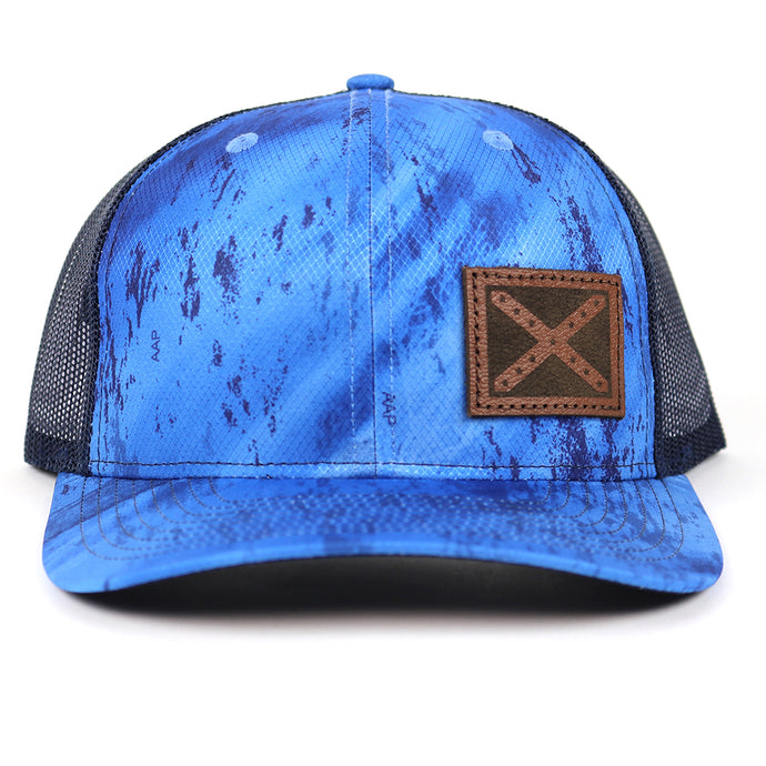 SA129 - Southern Addiction Realtree Fishing Light Blue/Navy Chocolate Leather Flag Patch Cap