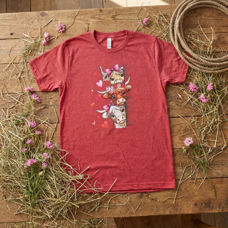 Load image into Gallery viewer, SBT 7 - Stacked Highland Cow Valentine T Shirt
